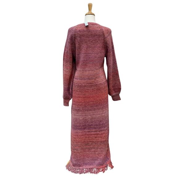 J. Crew Maxi Dress Sz L Pink Space Dyed Knit Fringe Hem Bishop Sleeve NEW - Picture 2 of 15